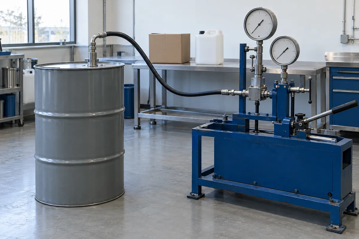 A steel drum connected to a hydraulic pressure test rig in a packaging laboratory