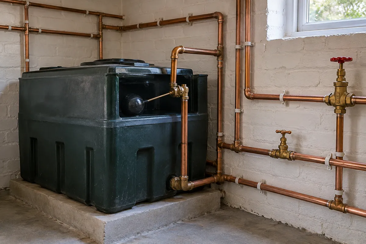 A cold water storage tank with copper pipes and brass valves in a plant room
