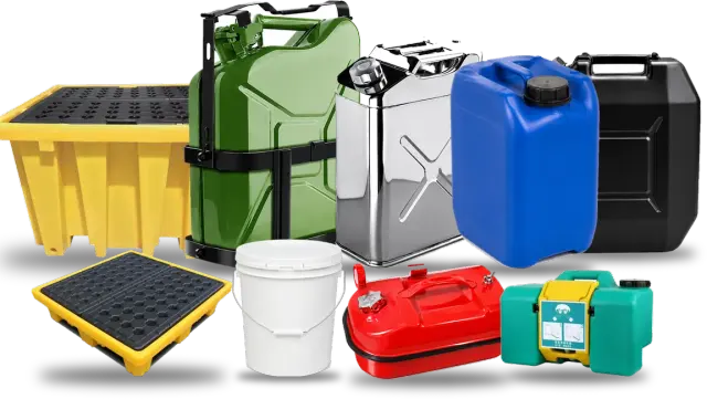 The Fortitude21 range: an IBC spill pallet, a NATO steel jerry can in its holder, a stainless water can, blue and black UN plastic jerrycans, a drum spill pallet, a plastic pail, a red horizontal fuel can and a portable eyewash station