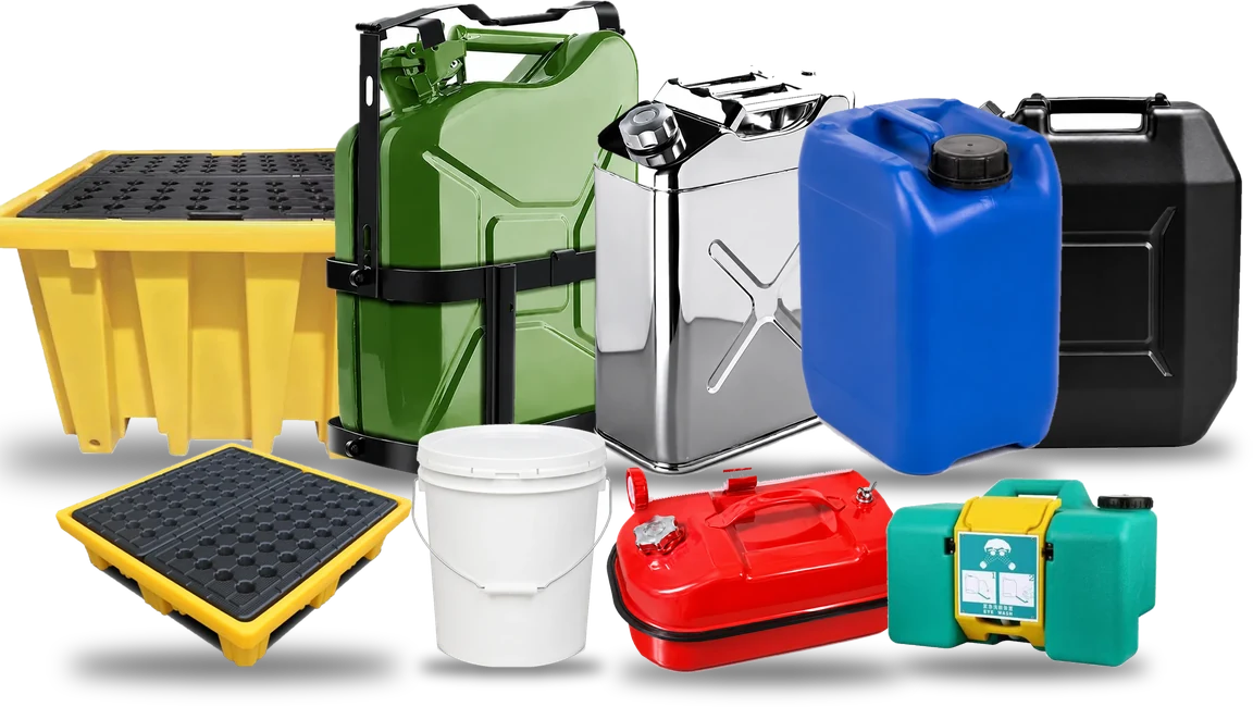 The Fortitude21 range: an IBC spill pallet, a NATO steel jerry can in its holder, a stainless water can, blue and black UN plastic jerrycans, a drum spill pallet, a plastic pail, a red horizontal fuel can and a portable eyewash station