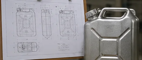 Technical drawings beside a stainless jerry can