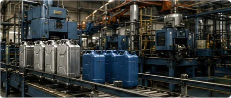 Jerry cans moving along a factory press line