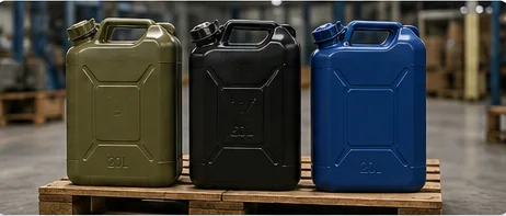 Olive, black and blue jerry cans on a pallet