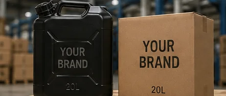 Black private-label jerry can beside a branded carton