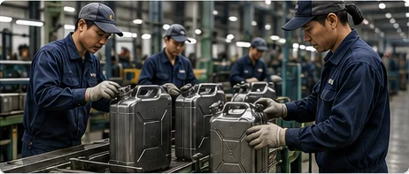Workers assembling jerry cans on the line