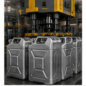 Pressed steel jerry cans at a forming press