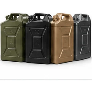 Row of jerry cans in olive, black and tan finishes