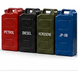 Red, black, olive and blue cans labelled petrol, diesel, kerosene and JP-08