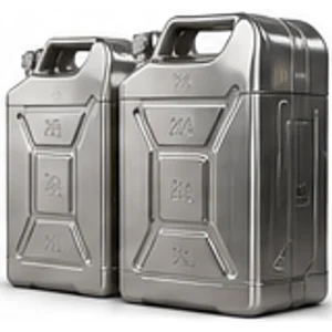Two brushed stainless steel jerry cans
