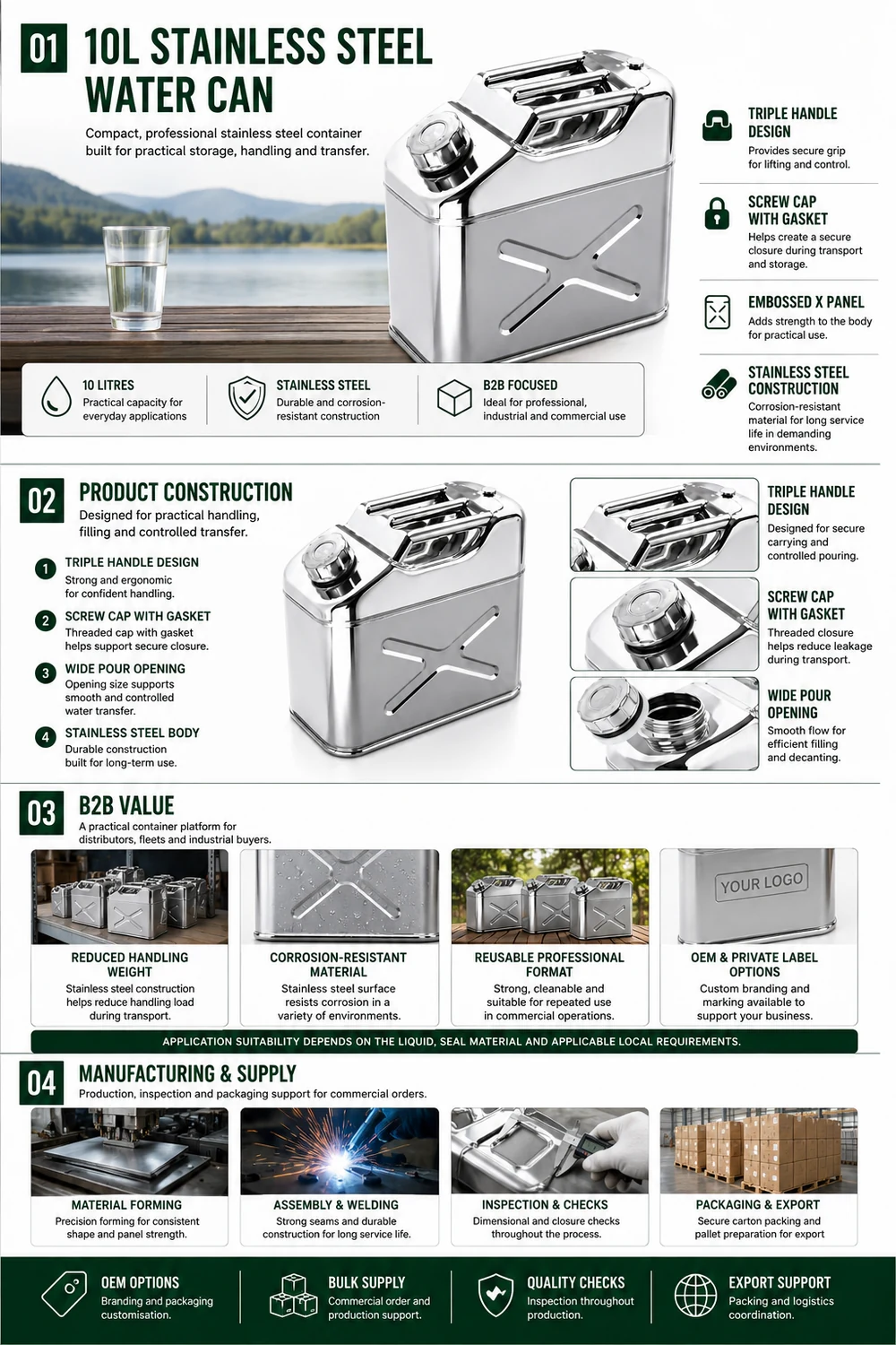 10L Stainless Steel Water Can — illustrated overview 1: construction, specification and applications