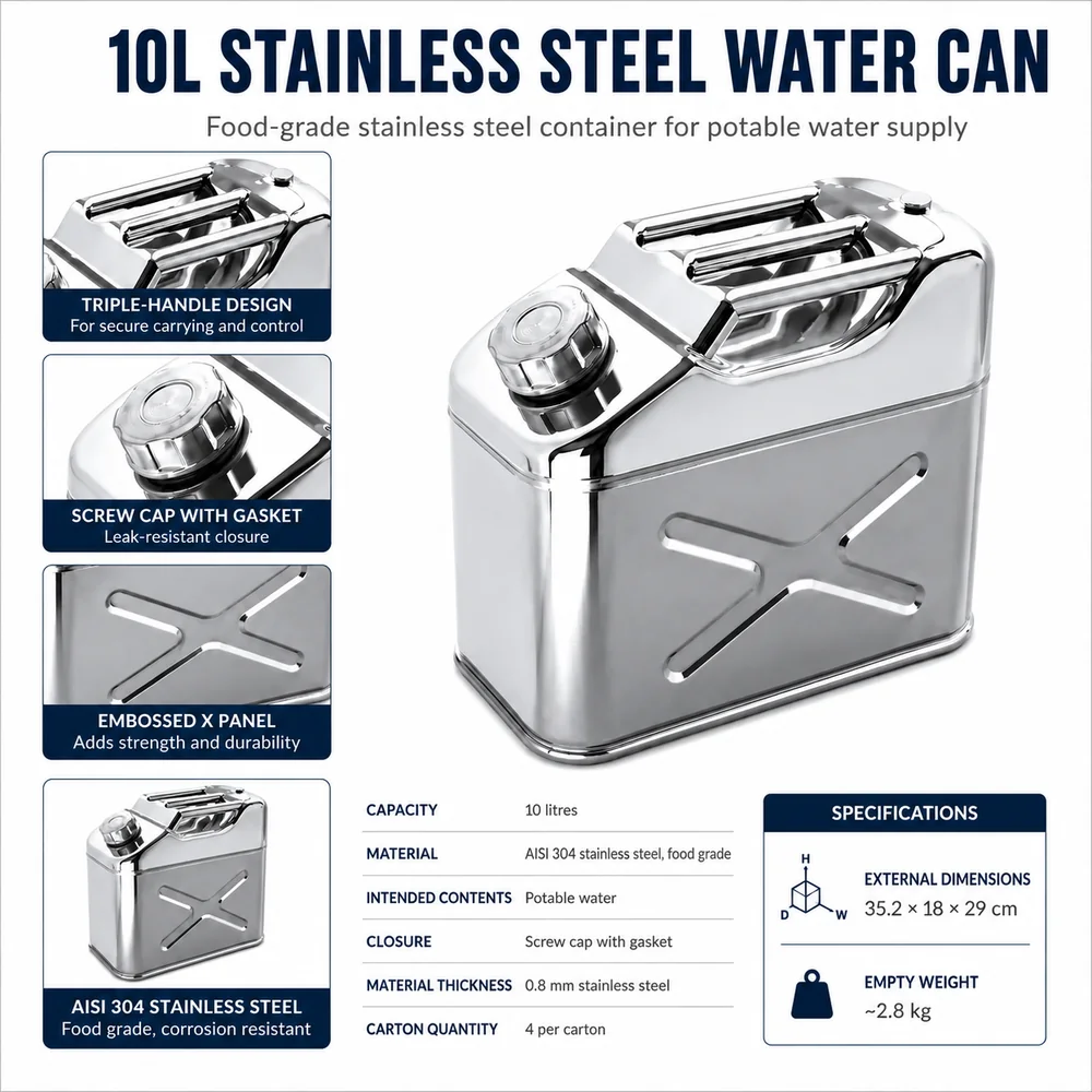 10L Stainless Steel Water Can — view 2